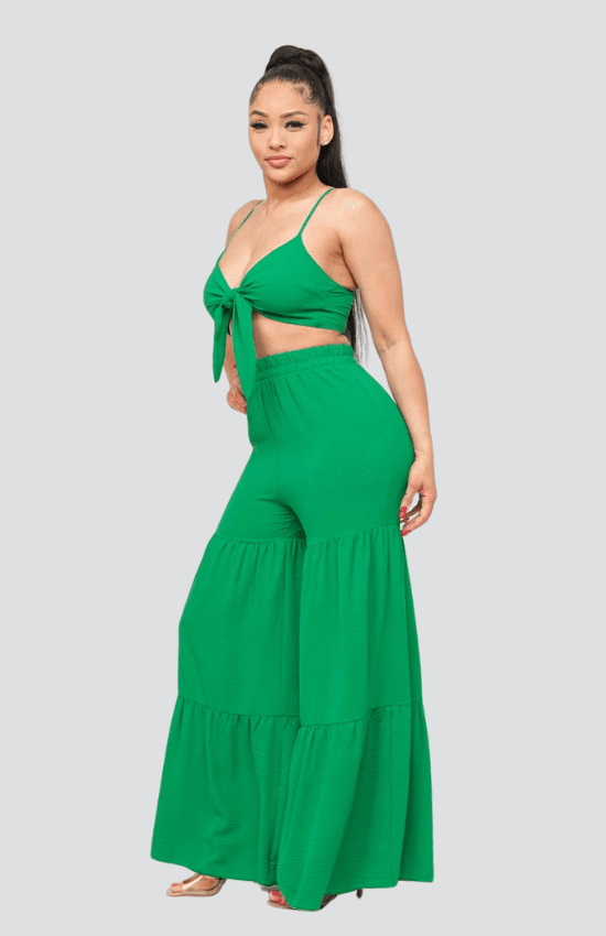 Junie Open Front Tie Top and Wide Flare Pants Set-Green