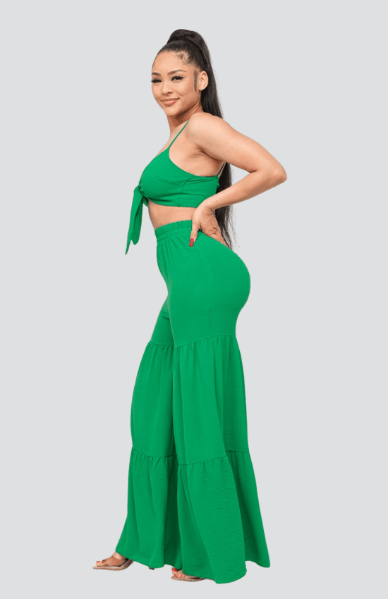 Junie Open Front Tie Top and Wide Flare Pants Set-Green