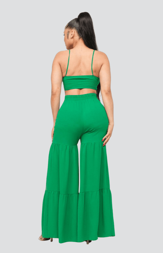 Junie Open Front Tie Top and Wide Flare Pants Set-Green