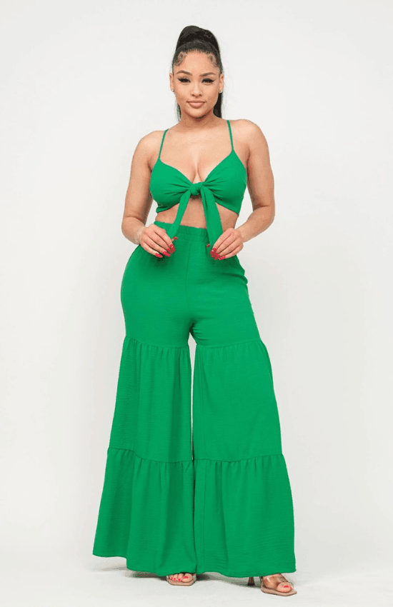 Junie Open Front Tie Top and Wide Flare Pants Set-Green