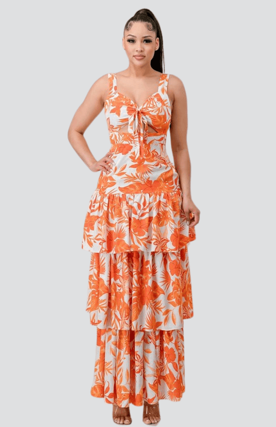 Marlia Front Tie Detail Multi-Layer Sleeveless Maxi Dress-Orange