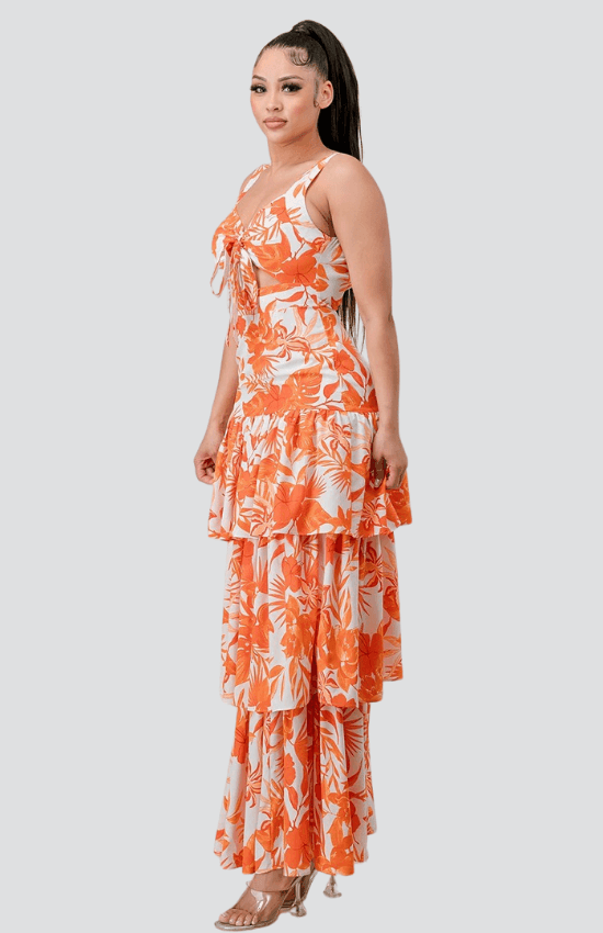 Marlia Front Tie Detail Multi-Layer Sleeveless Maxi Dress-Orange