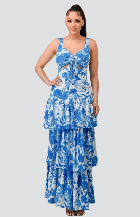 Marlia Front Tie Detail Multi-Layer Sleeveless Maxi Dress-Blue