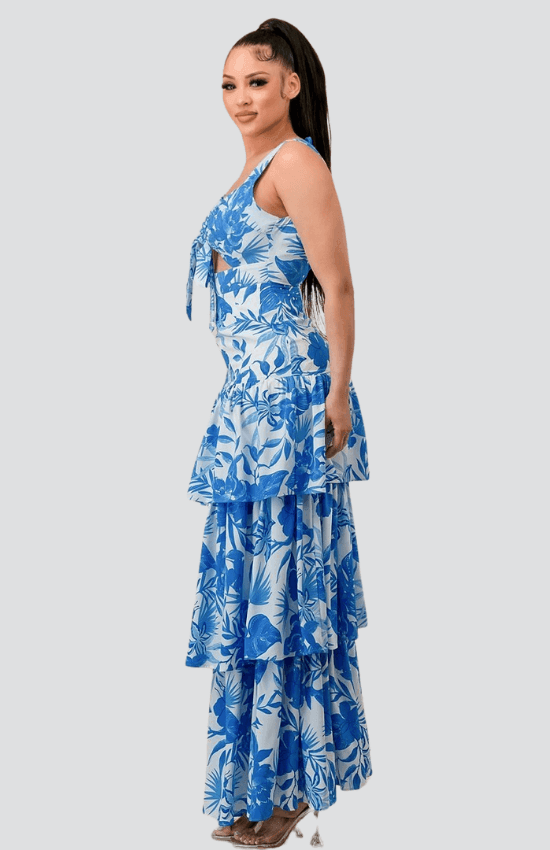Marlia Front Tie Detail Multi-Layer Sleeveless Maxi Dress-Blue