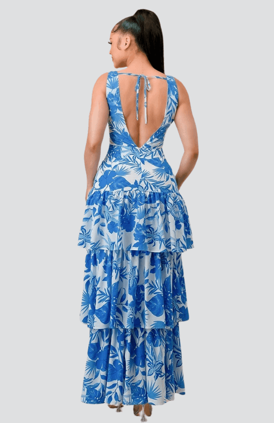 Marlia Front Tie Detail Multi-Layer Sleeveless Maxi Dress-Blue