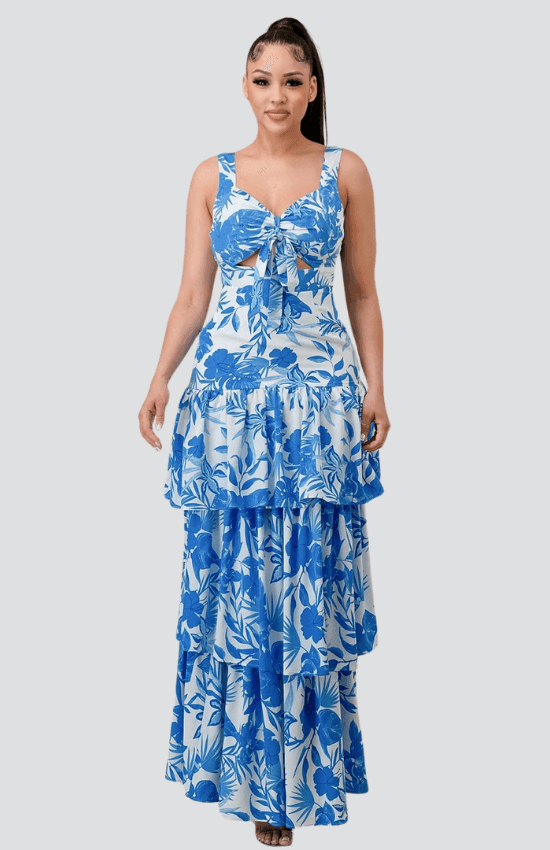 Marlia Front Tie Detail Multi-Layer Sleeveless Maxi Dress-Blue