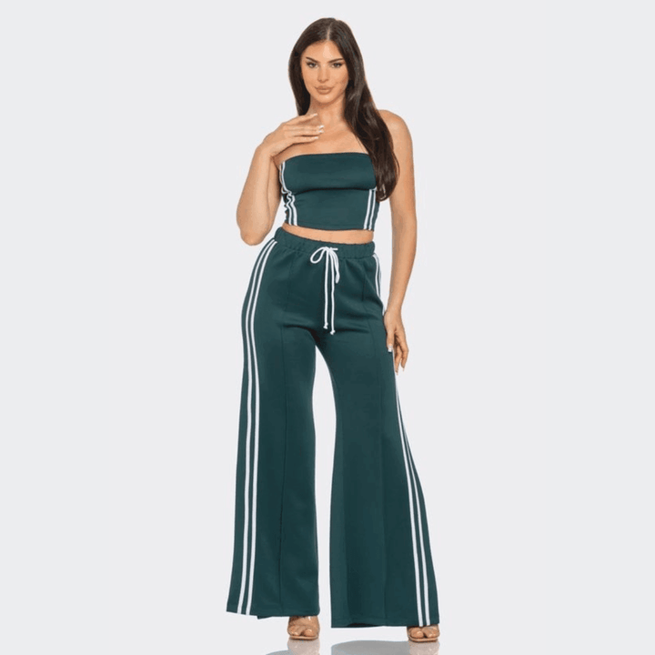Alyssa Sleeveless Solid Side Two Stripe Detail Tube Crop Top and Side Slit Flare Pants Set-Black/White