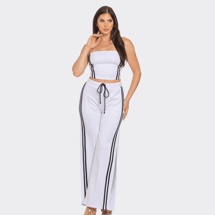Alyssa Sleeveless Solid Side Two Stripe Detail Tube Crop Top and Side Slit Flare Pants Set-White