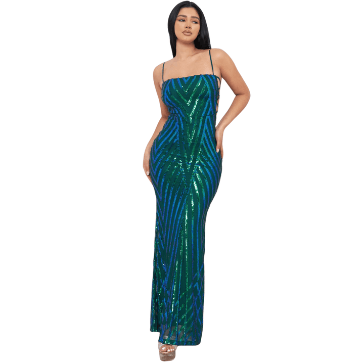 Alene Criss Cross Ladder Lace Side Sequin Maxi Dress