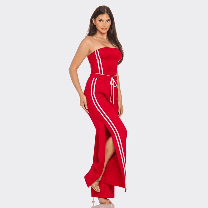Alyssa Sleeveless Solid Side Two Stripe Detail Tube Crop Top and Side Slit Flare Pants Set-Red