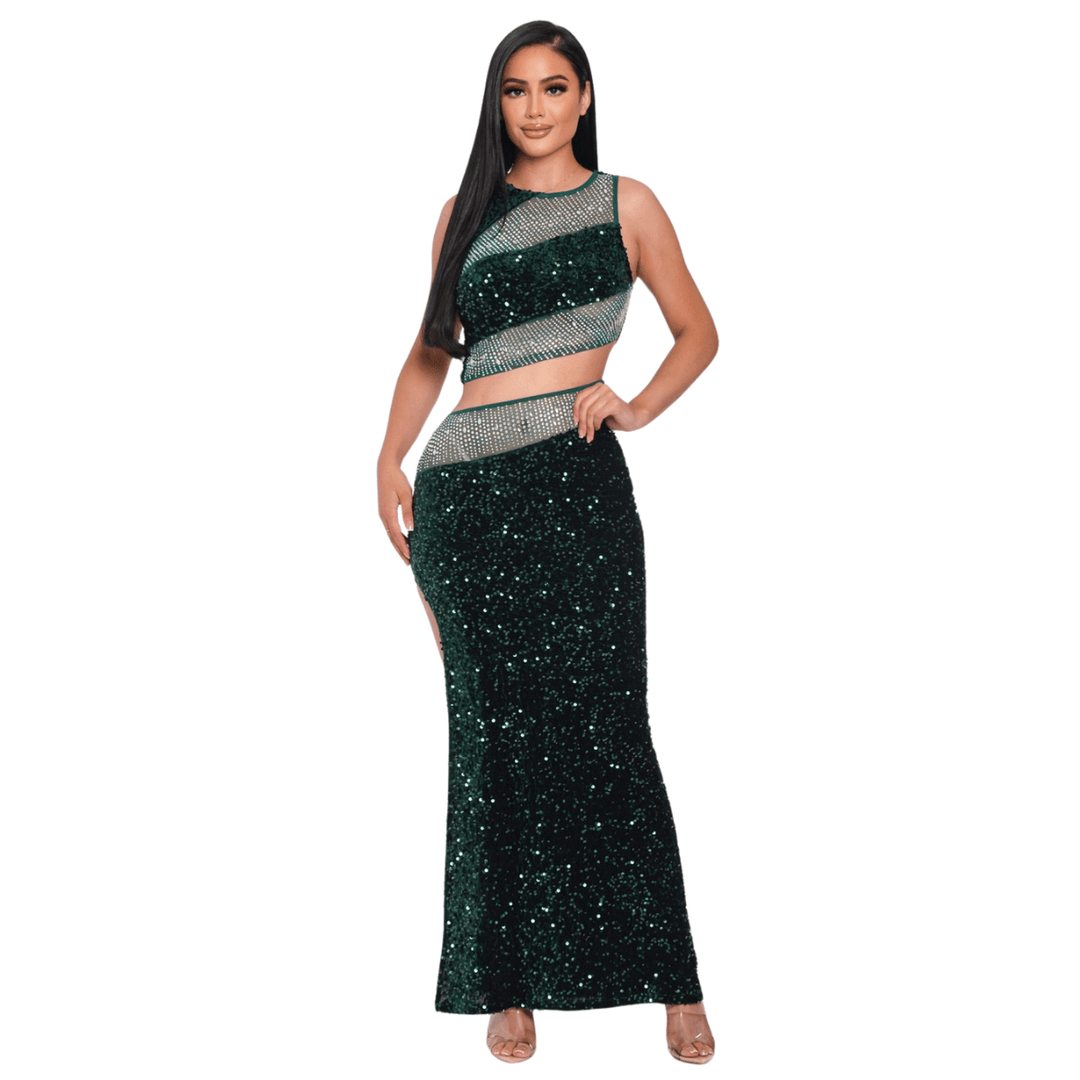 Katia Sequin Panel Contrast Crop Top and Matching Maxi Skirt