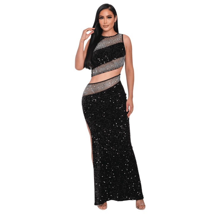 Katia Sequin Panel Contrast Crop Top and Matching Maxi Skirt