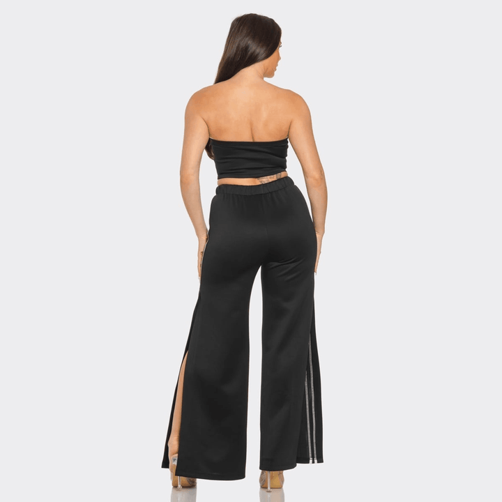 Alyssa Sleeveless Solid Side Two Stripe Detail Tube Crop Top and Side Slit Flare Pants Set-Black/White