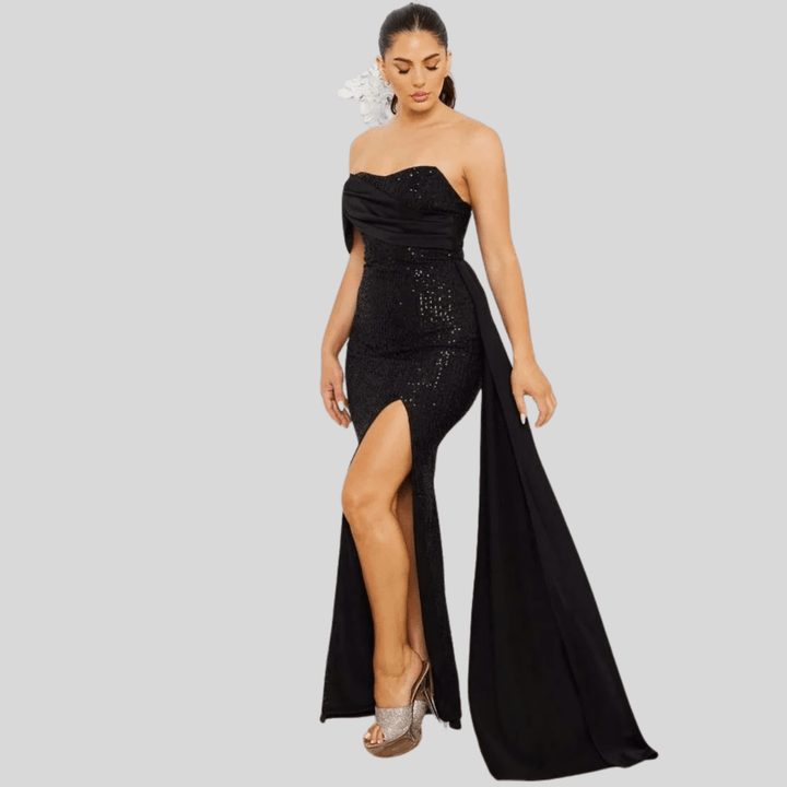 Marlie Sequin And Satin Off Shoulder Maxi Dress-Black