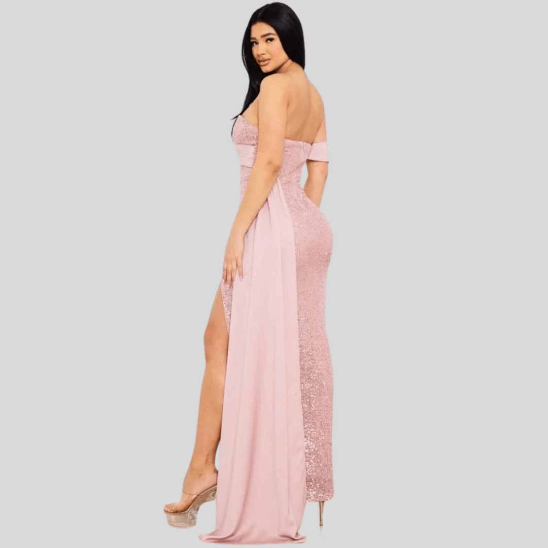Marlie Sequin And Satin Off Shoulder Maxi Dress-Gold