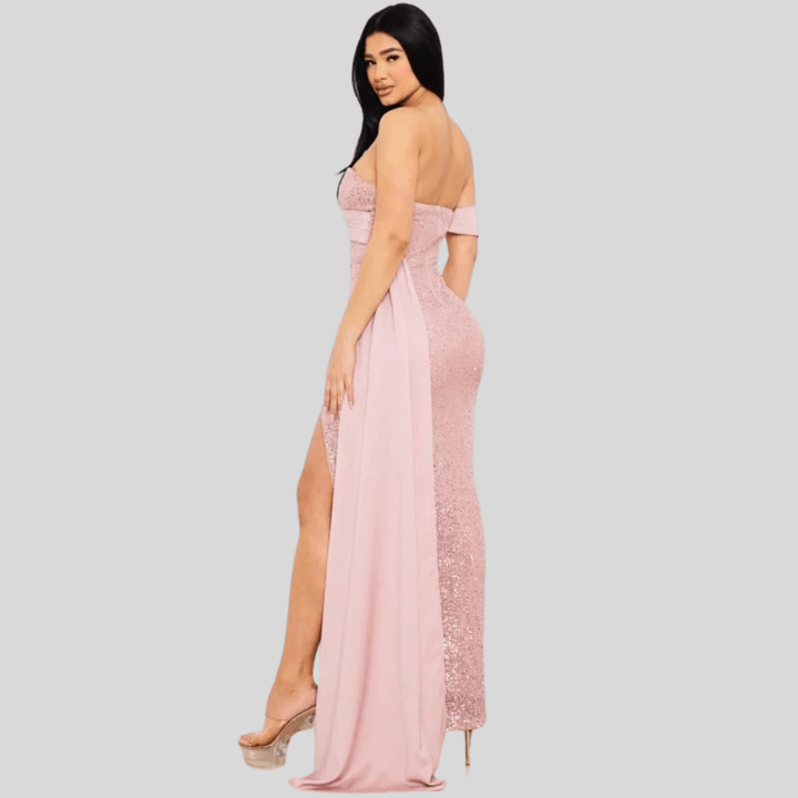 Marlie Sequin And Satin Off Shoulder Maxi Dress-Gold
