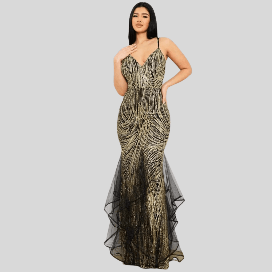 Sandie Glued Glitter Swirl Patterned Maxi Dress-Gold