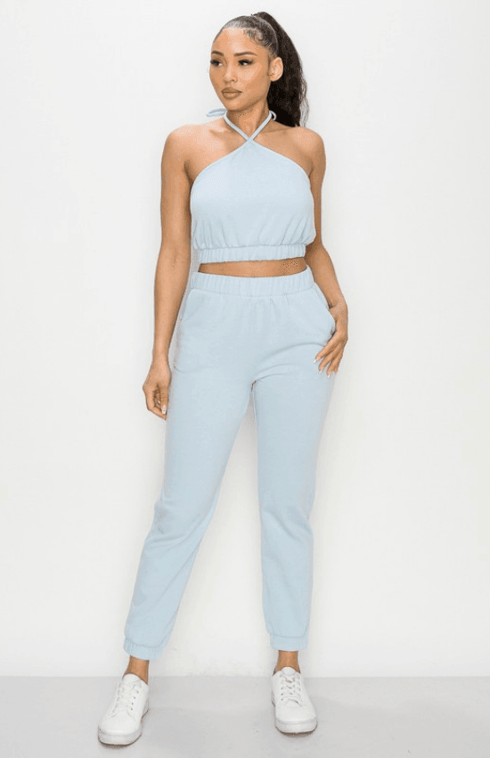 Kay crop top halter neckline with tie and jogger pants-Light Blue