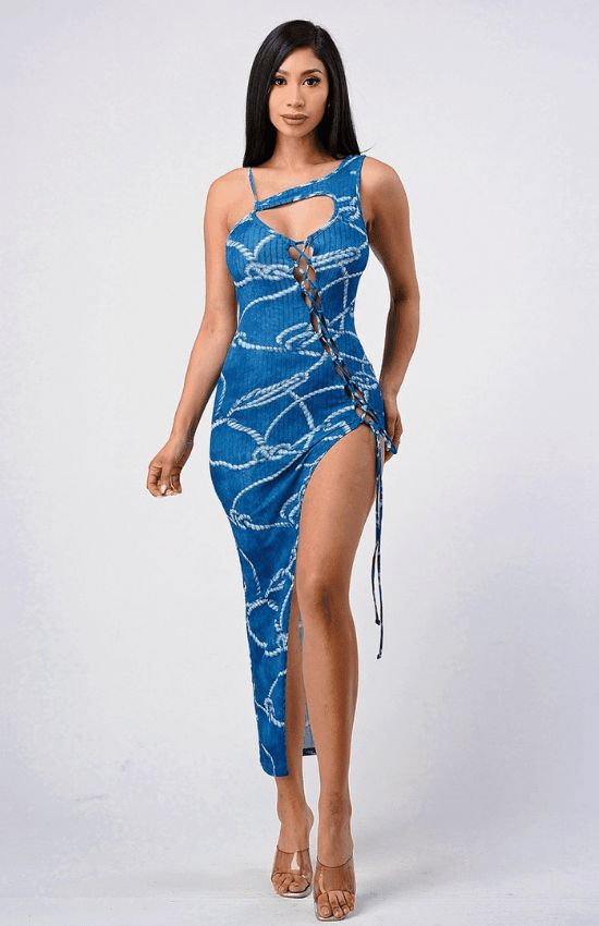 Erline Sexy Print Bodycon Side Cross Cord Long Dress