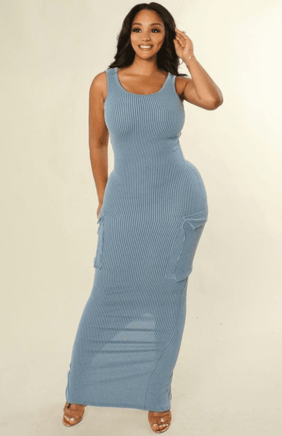 Landa Sleeveless U- Neck Bodycon Cargo Maxi Dress-Taupe