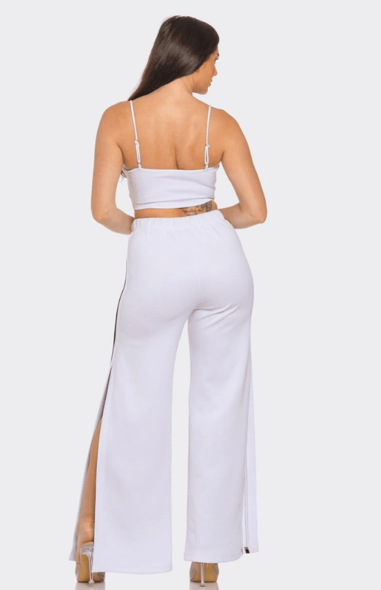 Mikayla Front bottom Striped Detail Adjustable Strap Bra Crop Top and Side Slit Two Stripes Flare Pants set-White