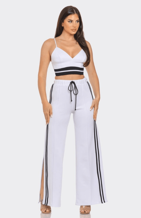 Mikayla Front bottom Striped Detail Adjustable Strap Bra Crop Top and Side Slit Two Stripes Flare Pants set-White