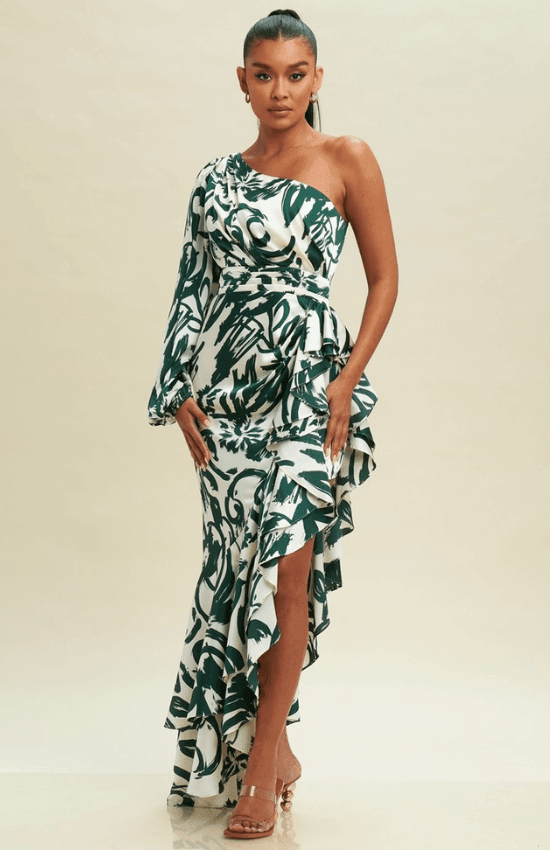 Alyssa One Shoulder Drape Long sleeves maxi Dress-Ivory/Navy