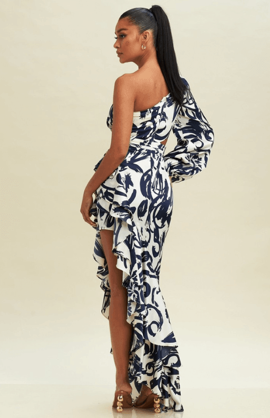 Alyssa One Shoulder Drape Long sleeves maxi Dress-Ivory/Navy