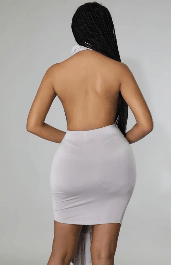 Lidia Halter Neck Sleeveless Open Back Rushed Slit Stretch Mini Dress