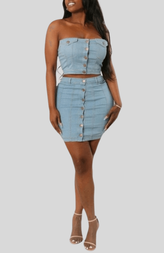 Miranda Belt Loops Button Up Mini Skirt Set-Dark Denim