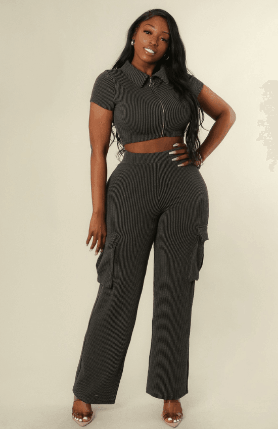Samantha Ribbed Zip Up Crop top and Cargo Pant Set-Charcoal