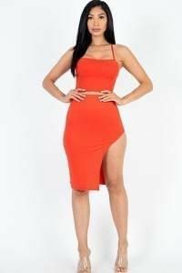 Kayla color crisscross back Cami crop top and split thigh set - La Belle Gina Boutique