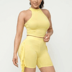 Nellie Mock Neck Crop Top And Side Laser Cut Short Set-Light Yellow - La Belle Gina Boutique